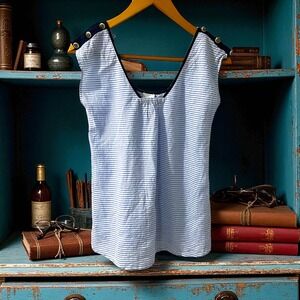 Cabi Windward Nautical Ruffle Blouse Blue Stripe Anchor Button Top XS